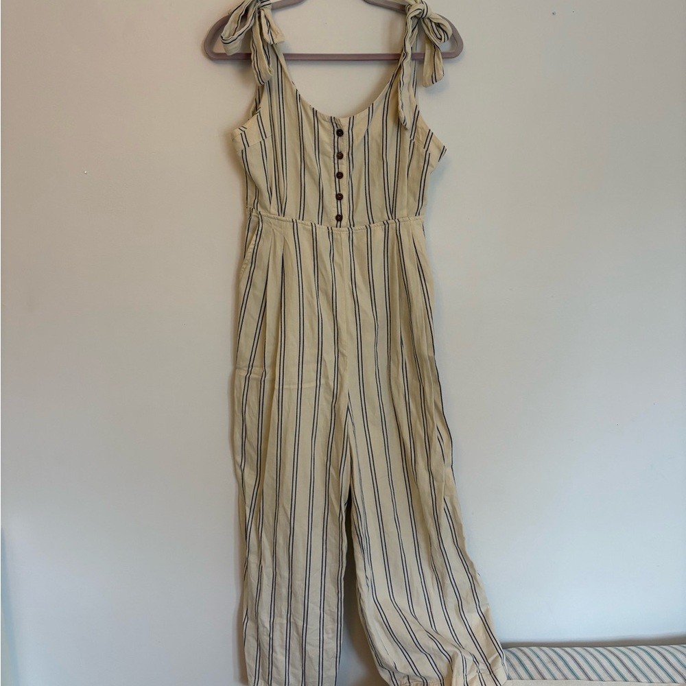 Free People Cream and Black Striped Jumpsuit
